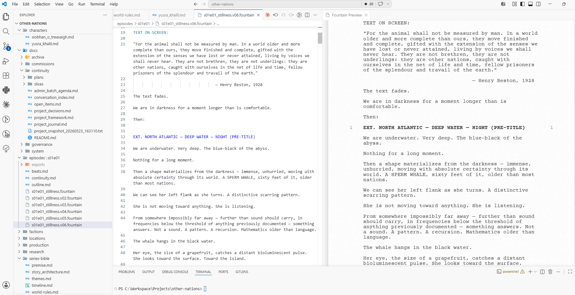 Other Nations episode script in VS Code: raw Fountain source alongside formatted screenplay preview