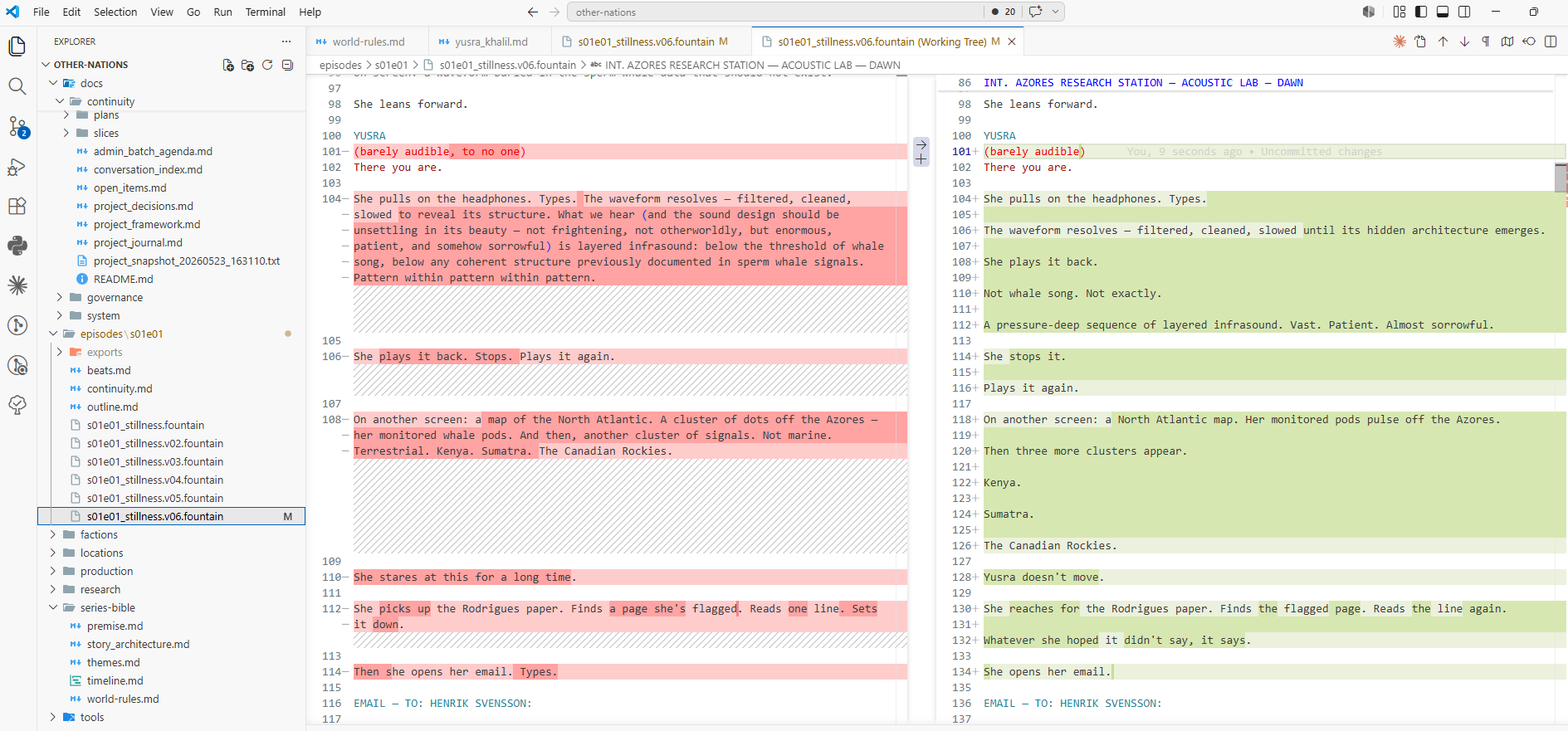 Other Nations script diff view in VS Code showing tracked revisions between screenplay versions