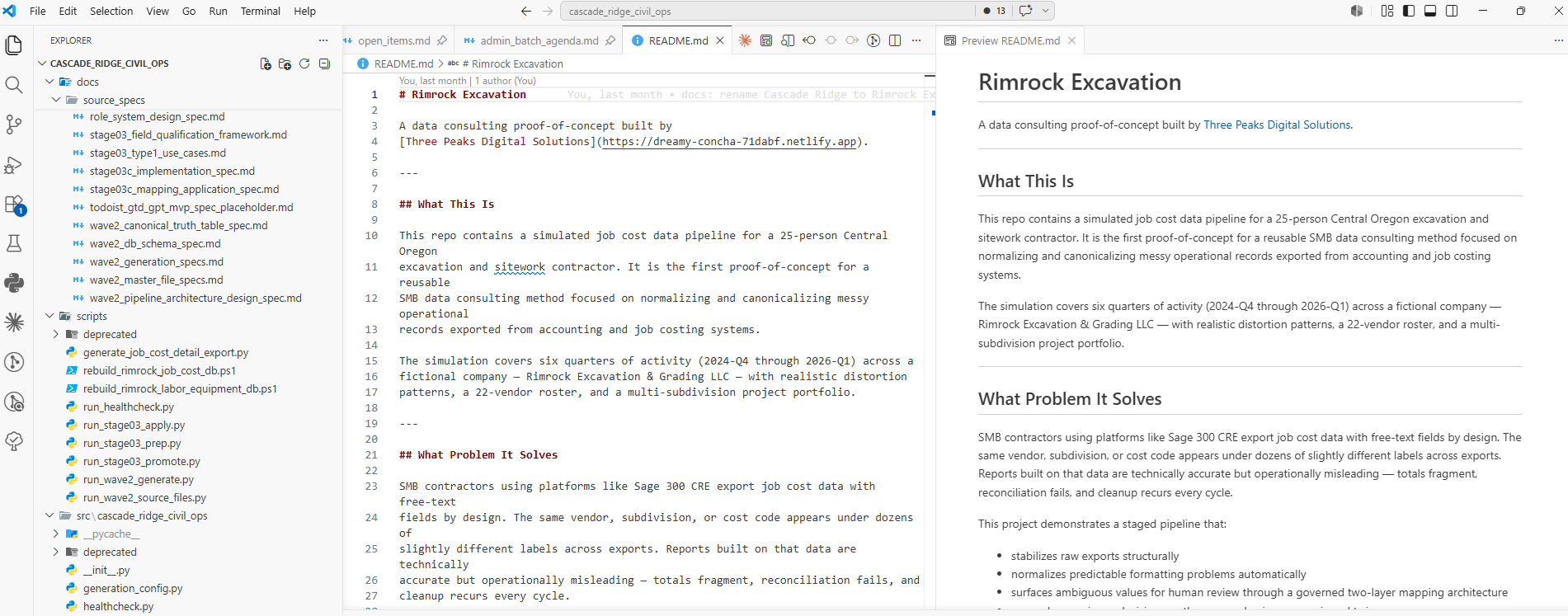 Rimrock Excavation repository in VS Code showing project structure, scripts, and README