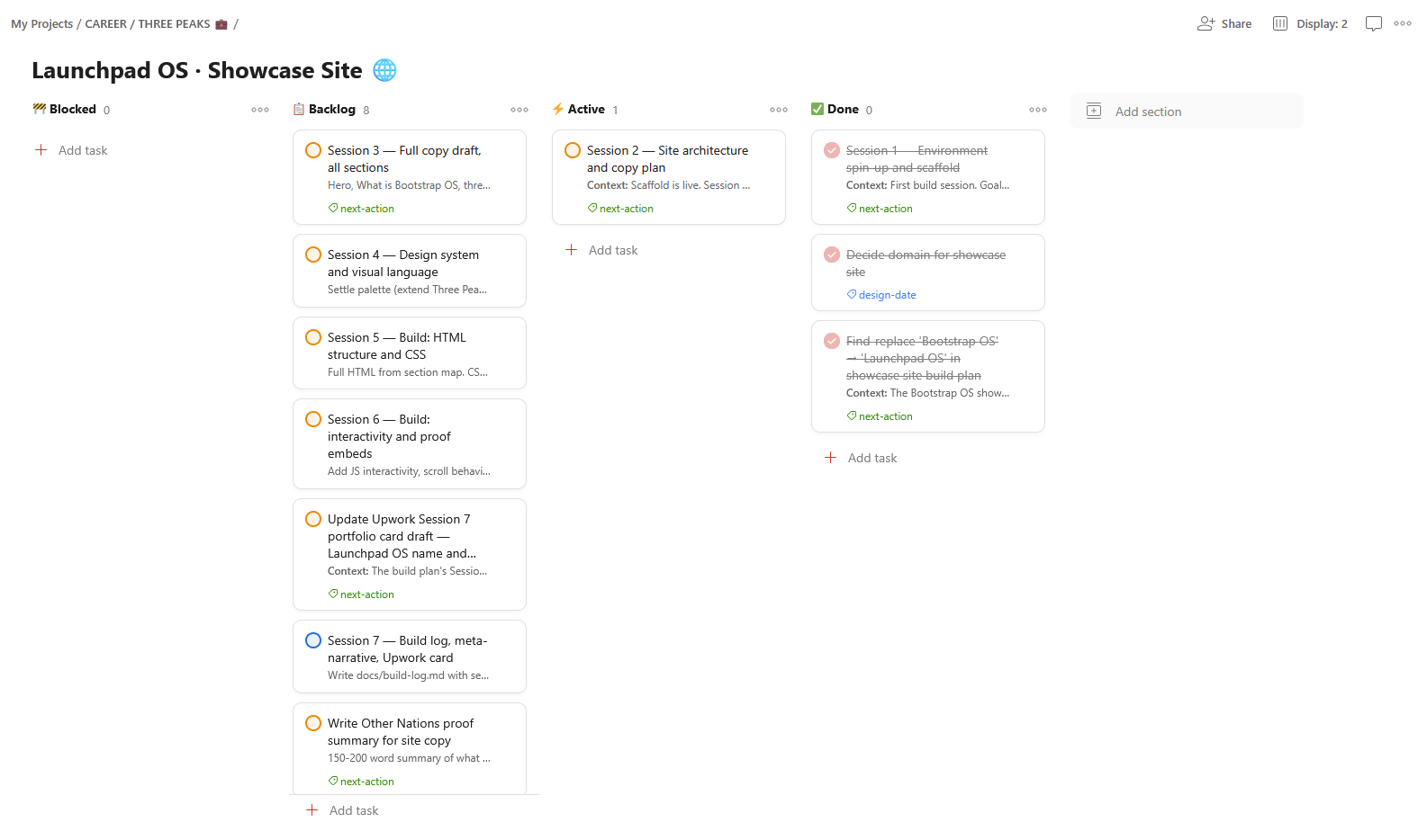 Launchpad OS Todoist board: four-lane Kanban view of the session-based build workflow